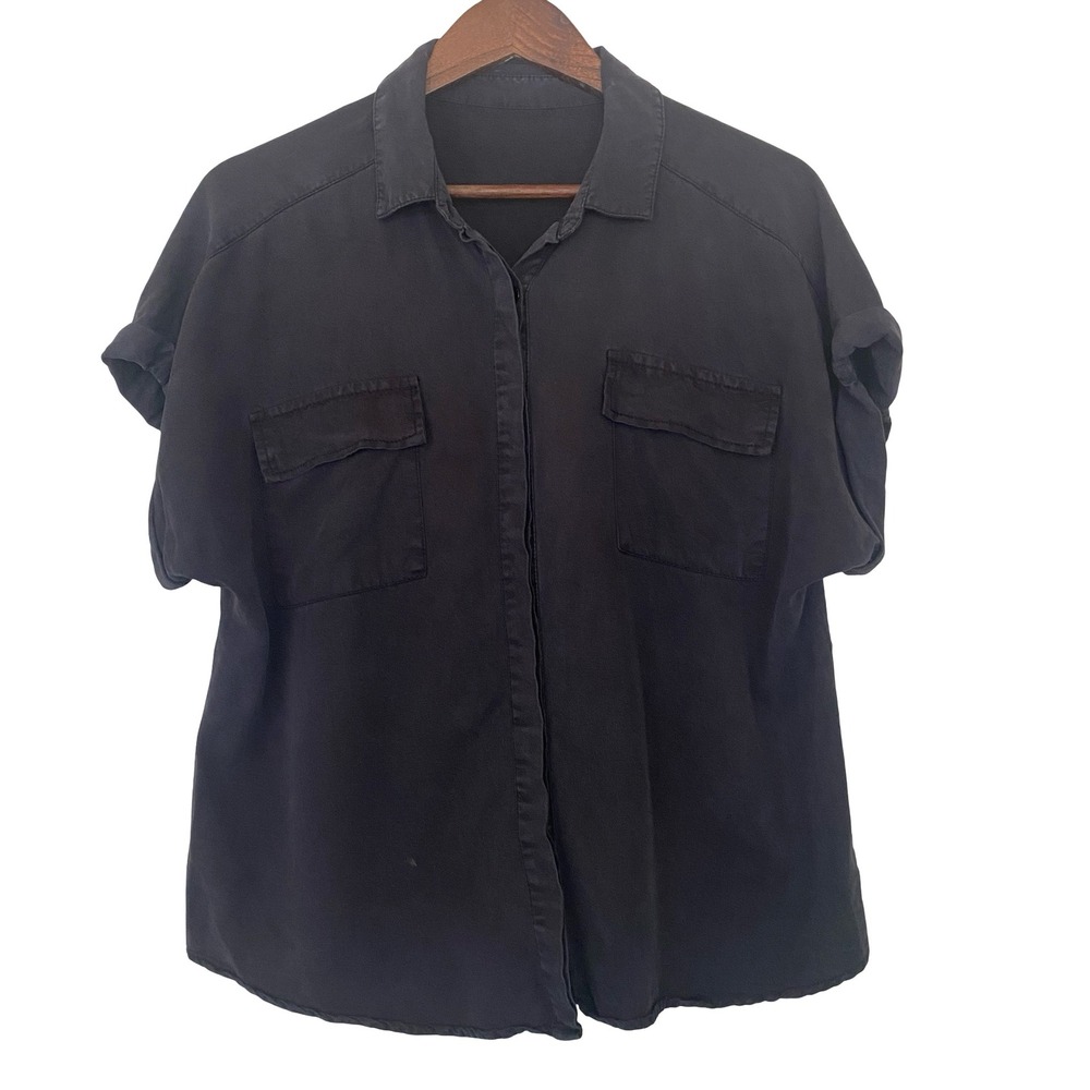 Tencel Short Sleeve Button Down Utility Shirt Women Large Black Pockets Pleated